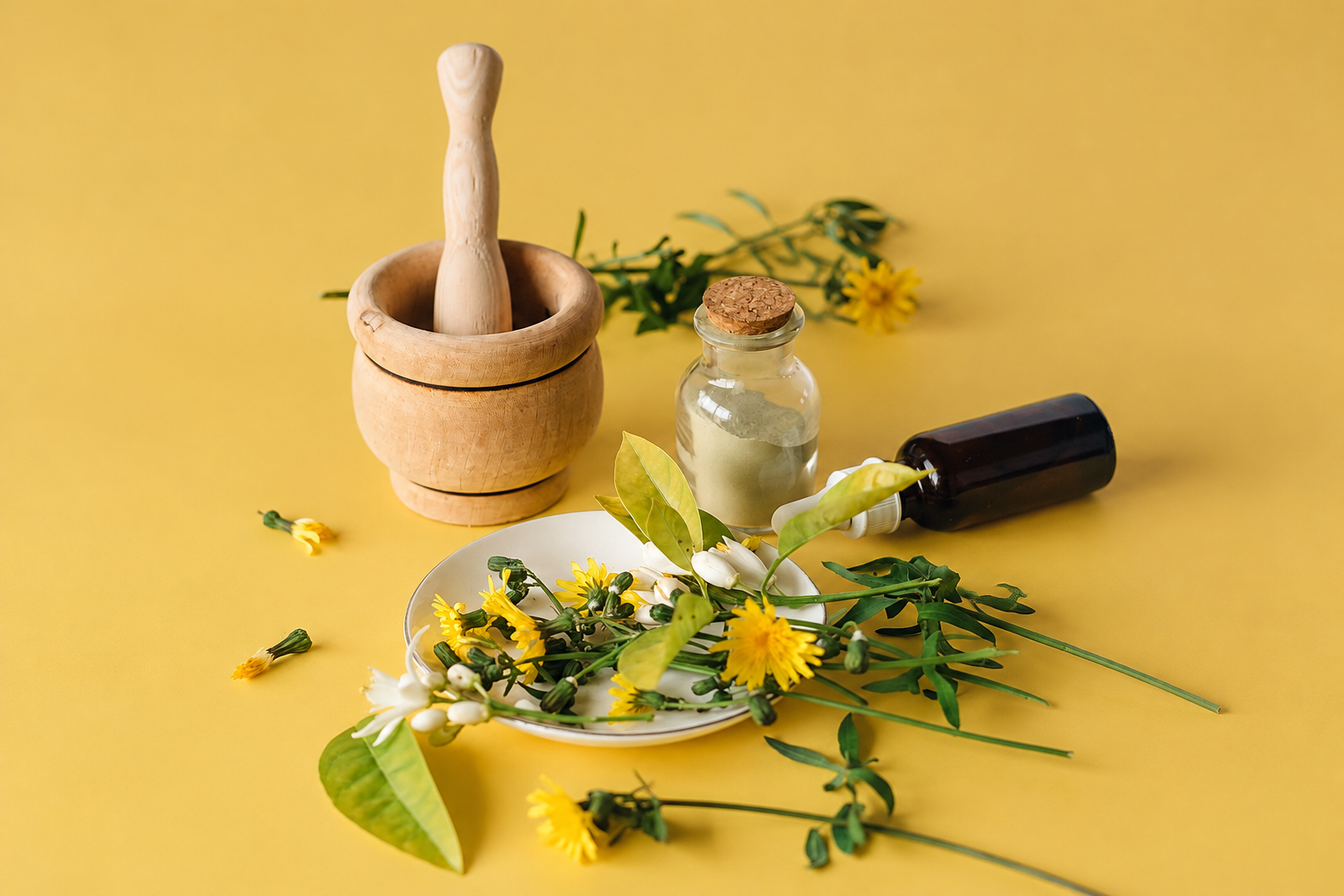 Mortar kayu, botol, daun, dan bunga dalam komposisi herbal yang rapi